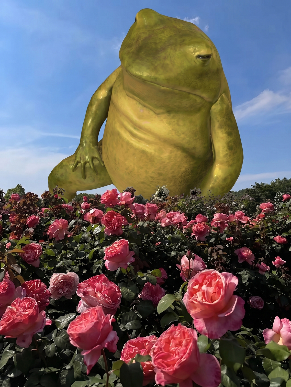 Giant CHANTOAD standing in a field of roses
